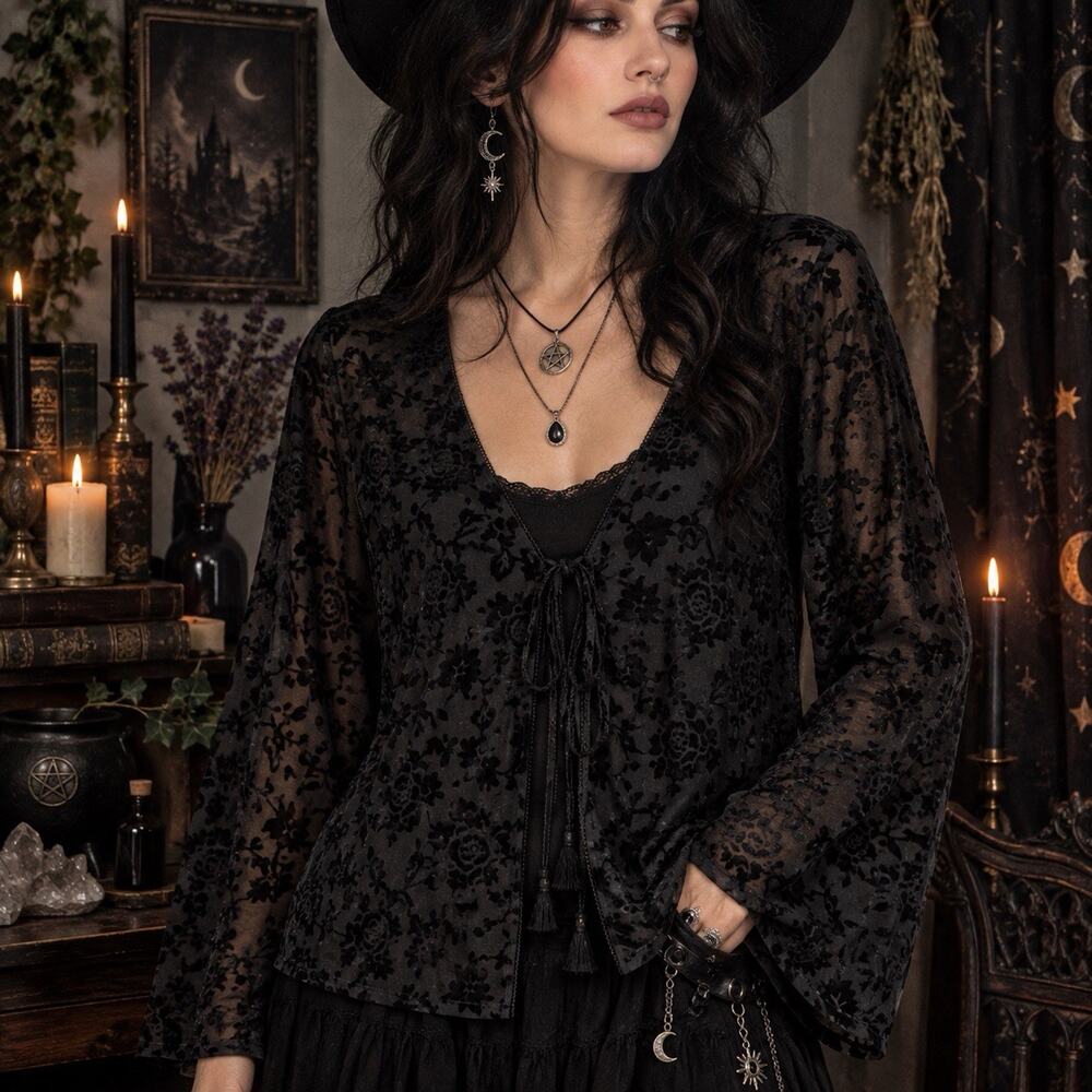 Black Whimsigoth Fairy Grunge Velvet Burnout Tie Front Top Women's 3X Witchy NWT